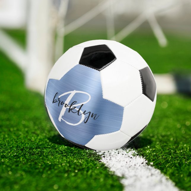 Blue Brushed Metal Black White Script Monogram  Football (Creator Uploaded)