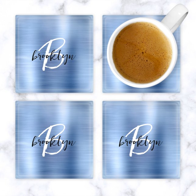 Blue Brushed Metal Black White Script Monogram  Glass Coaster (Creator Uploaded)