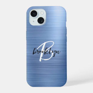 Blue Brushed Metal Black White Script Monogram iPhone 15 Case