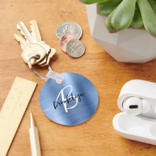 Blue Brushed Metal Black White Script Monogram  Key Ring