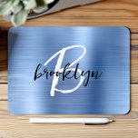 Blue Brushed Metal Black White Script Monogram  Mouse Mat<br><div class="desc">This elegant personalised mouse pad features a monogram and first name in modern black and white script on a light blue brushed metal background.</div>