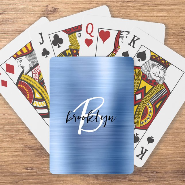 Blue Brushed Metal Black White Script Monogram  Playing Cards (Creator Uploaded)