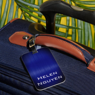 Blue Brushed Metal Metallic Stainless Steel Name Luggage Tag