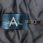 Blue Brushed Metal Monogram Name and Initial Luggage Tag<br><div class="desc">Modern and Elegant Metallic Blue Brushed Metal Foil Monogram Name and Initial Travel Luggage Tag. This bag tag is perfect for Back to School,  Work,  or Travelling.</div>