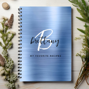 Blue Brushed Metal Monogram Name Recipe Book