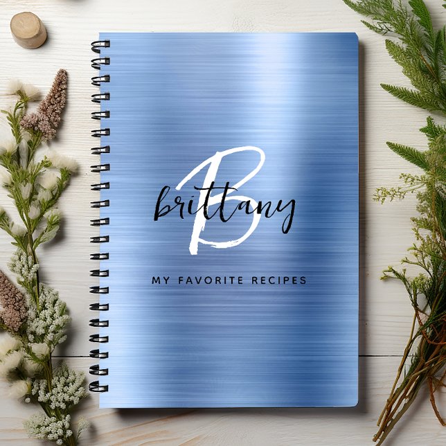 Blue Brushed Metal Monogram Name Recipe Book (Creator Uploaded)
