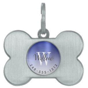 Blue Brushed Metal Monogram Ombre Dog Bone Pet ID Tag