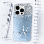 Blue Brushed Metal Silver Glitter Monogram Name<br><div class="desc">Easily personalise this trendy chic phone case design featuring pretty silver sparkling glitter on a blue brushed metallic background.</div>
