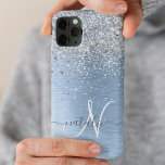 Blue Brushed Metal Silver Glitter Monogram Name<br><div class="desc">Easily personalize this trendy chic phone case design featuring pretty silver sparkling glitter on a blue brushed metallic background.</div>