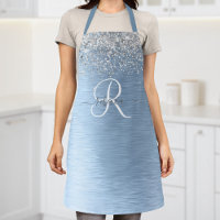 Blue Brushed Metal Silver Glitter Monogram Name