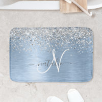 Blue Brushed Metal Silver Glitter Monogram Name