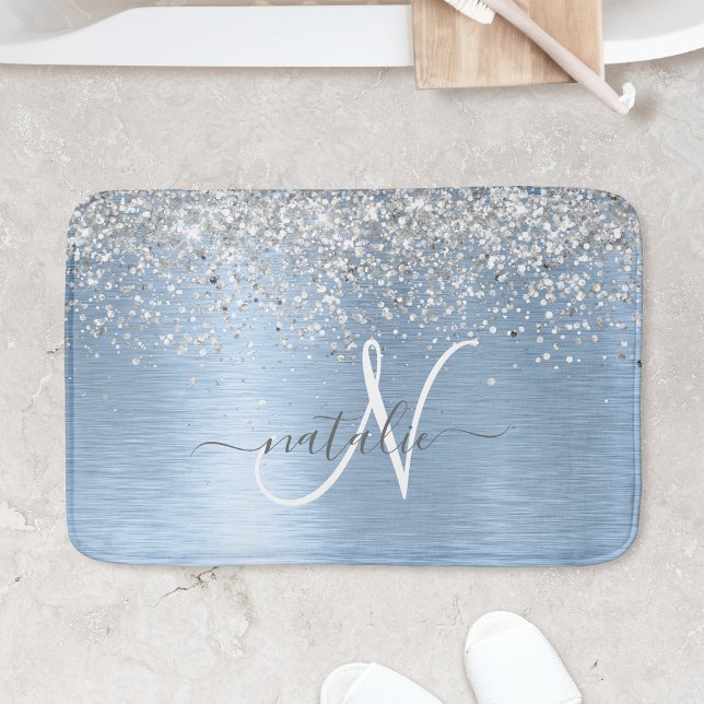 Blue Brushed Metal Silver Glitter Monogram Name Bath Mat (Creator Uploaded)