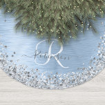 Blue Brushed Metal Silver Glitter Monogram Name Brushed Polyester Tree Skirt<br><div class="desc">Easily personalise this trendy chic Christmas tree skirt design featuring pretty silver sparkling faux glitter on a blue brushed metallic background.</div>
