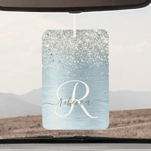Blue Brushed Metal Silver Glitter Monogram Name Car Air Freshener