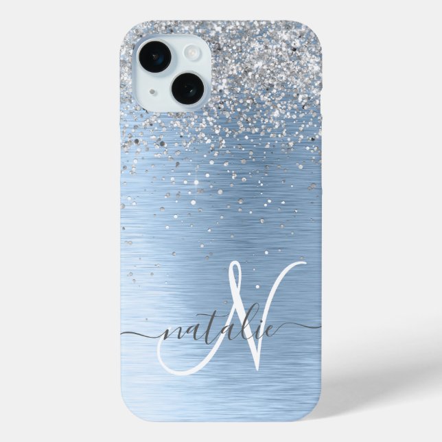 Blue Brushed Metal Silver Glitter Monogram Name Case-Mate iPhone Case (Back)
