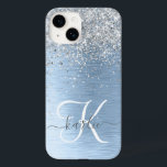 Blue Brushed Metal Silver Glitter Monogram Name Case-Mate iPhone 14 Case<br><div class="desc">Easily personalise this trendy chic phone case design featuring pretty silver sparkling glitter on a blue brushed metallic background.</div>