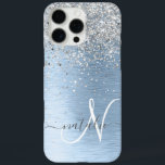 Blue Brushed Metal Silver Glitter Monogram Name iPhone 16 Pro Max Case<br><div class="desc">Easily personalise this trendy chic phone case design featuring pretty silver sparkling glitter on a blue brushed metallic background.</div>