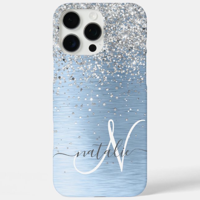 Blue Brushed Metal Silver Glitter Monogram Name Case-Mate iPhone Case (Back)