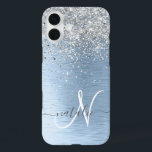 Blue Brushed Metal Silver Glitter Monogram Name iPhone 16 Plus Case<br><div class="desc">Easily personalise this trendy chic phone case design featuring pretty silver sparkling glitter on a blue brushed metallic background.</div>