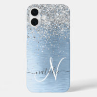 Blue Brushed Metal Silver Glitter Monogram Name
