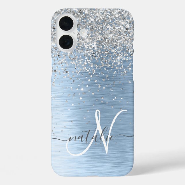 Blue Brushed Metal Silver Glitter Monogram Name Case-Mate iPhone Case (Back)