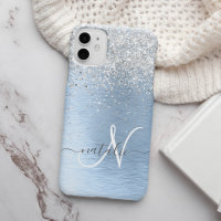 Blue Brushed Metal Silver Glitter Monogram Name