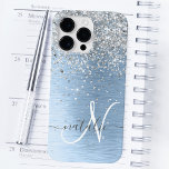 Blue Brushed Metal Silver Glitter Monogram Name Case-Mate iPhone 14 Pro Max Case<br><div class="desc">Easily personalise this trendy chic phone case design featuring pretty silver sparkling glitter on a blue brushed metallic background.</div>