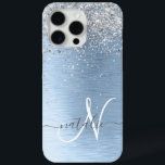 Blue Brushed Metal Silver Glitter Monogram Name iPhone 15 Pro Max Case<br><div class="desc">Easily personalise this trendy chic phone case design featuring pretty silver sparkling glitter on a blue brushed metallic background.</div>