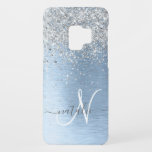Blue Brushed Metal Silver Glitter Monogram Name Case-Mate Samsung Galaxy S9 Case<br><div class="desc">Easily personalise this trendy chic phone case design featuring pretty silver sparkling glitter on a blue brushed metallic background.</div>