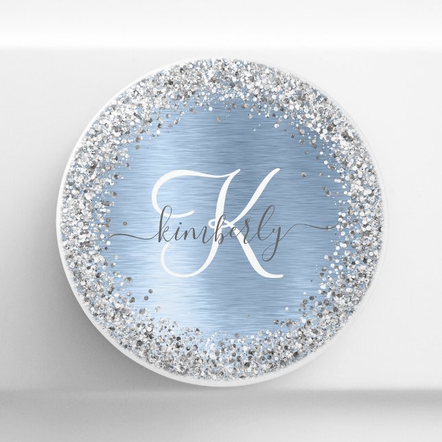 Blue Brushed Metal Silver Glitter Monogram Name Ceramic Knob (Creator Uploaded)