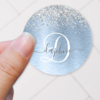 Blue Brushed Metal Silver Glitter Monogram Name