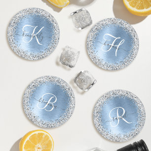 Blue Brushed Metal Silver Glitter Monogram Name Coaster Set