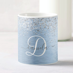 Blue Brushed Metal Silver Glitter Monogram Name Coffee Mug