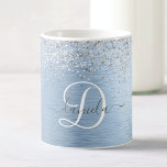 Blue Brushed Metal Silver Glitter Monogram Name Coffee Mug<br><div class="desc">Easily personalise this trendy chic coffee mug design featuring pretty silver sparkling faux glitter on a blue brushed metallic background.</div>