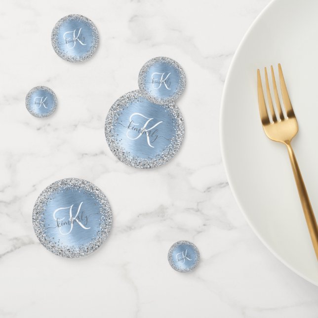 Blue Brushed Metal Silver Glitter Monogram Name Confetti (Group)