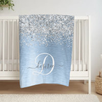 Blue Brushed Metal Silver Glitter Monogram Name