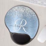 Blue Brushed Metal Silver Glitter Monogram Name Gel Mouse Mat<br><div class="desc">Easily personalise this trendy chic mouse pad design featuring pretty silver sparkling glitter on a blue brushed metallic background.</div>