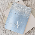 Blue Brushed Metal Silver Glitter Monogram Name iPad Air Cover<br><div class="desc">Easily personalise this trendy chic ipad cover design featuring pretty silver sparkling glitter on a blue brushed metallic background.</div>