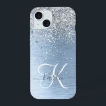 Blue Brushed Metal Silver Glitter Monogram Name iPhone 15 Case<br><div class="desc">Easily personalise this trendy chic phone case design featuring pretty silver sparkling glitter on a blue brushed metallic background.</div>