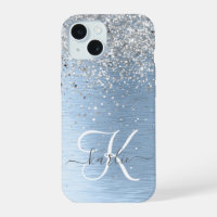 Blue Brushed Metal Silver Glitter Monogram Name