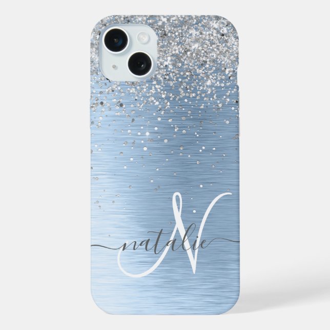 Blue Brushed Metal Silver Glitter Monogram Name iPhone Case (Back)