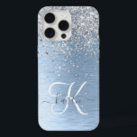 Blue Brushed Metal Silver Glitter Monogram Name iPhone 15 Pro Max Case<br><div class="desc">Easily personalise this trendy chic phone case design featuring pretty silver sparkling glitter on a blue brushed metallic background.</div>