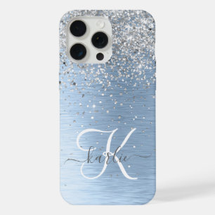 Blue Brushed Metal Silver Glitter Monogram Name iPhone 15 Pro Max Case