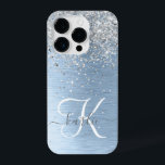 Blue Brushed Metal Silver Glitter Monogram Name iPhone 14 Pro Case<br><div class="desc">Easily personalise this trendy chic phone case design featuring pretty silver sparkling glitter on a blue brushed metallic background.</div>