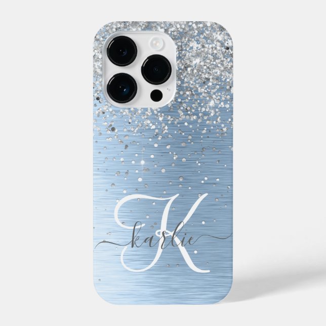 Blue Brushed Metal Silver Glitter Monogram Name iPhone Case (Back)