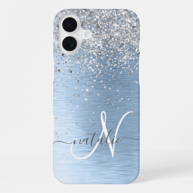 Blue Brushed Metal Silver Glitter Monogram Name iPhone Case (Back)