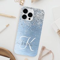 Blue Brushed Metal Silver Glitter Monogram Name