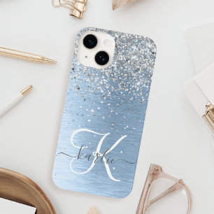 Blue Brushed Metal Silver Glitter Monogram Name iPhone 14 Case
