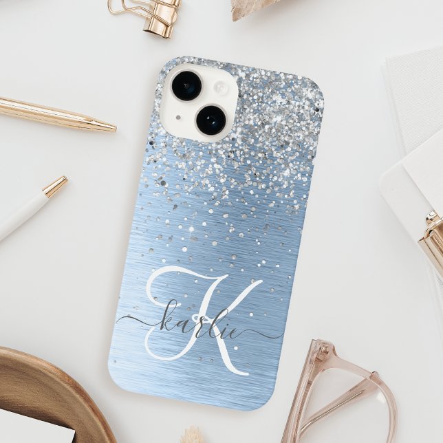 Blue Brushed Metal Silver Glitter Monogram Name iPhone Case (Creator Uploaded)