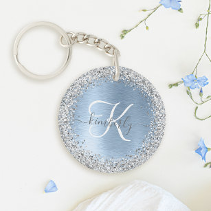 Blue Brushed Metal Silver Glitter Monogram Name Key Ring
